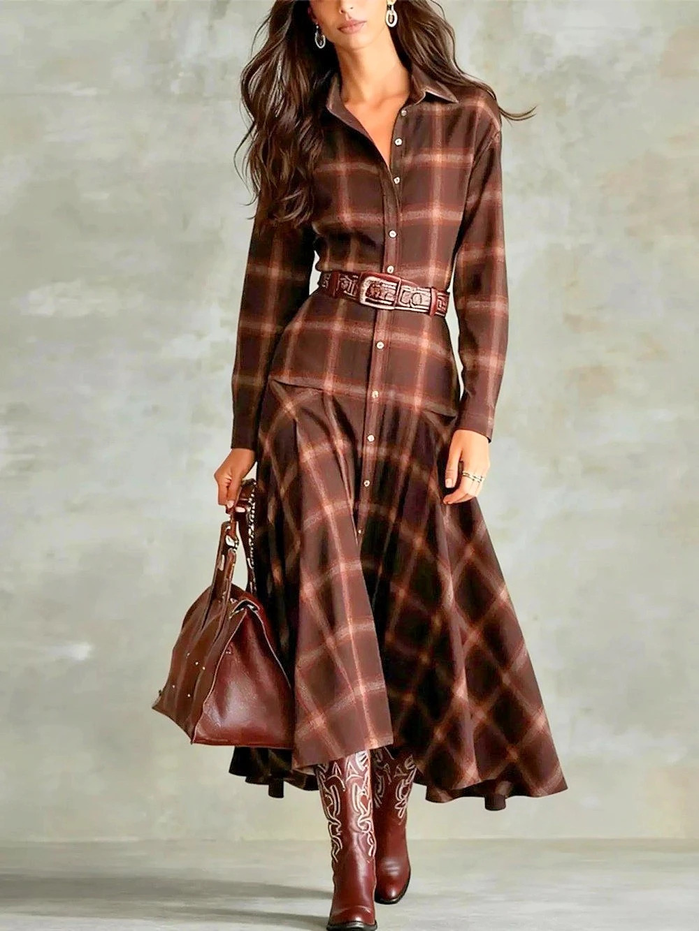 Plaid Twill Paneled Long Sleeve Shirtdress